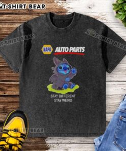Happy Stitch Cosplay Toothless X Napa Auto Parts t-shirt featuring 'Stay Different, Stay Weird' slogan in vibrant design.
