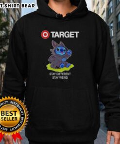 Alt Text: Happy Stitch cosplay wearing a Toothless hoodie from Target, showcasing 'Stay Different Stay Weird' design.