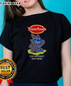 Happy Stitch Cosplay Toothless X Tyson Foods tee featuring 'Stay Different Stay Weird' design for fun-loving fans.