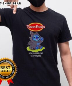 Happy Stitch Cosplay Toothless X Tyson Foods t-shirt featuring a fun design with 'Stay Different Stay Weird' slogan.