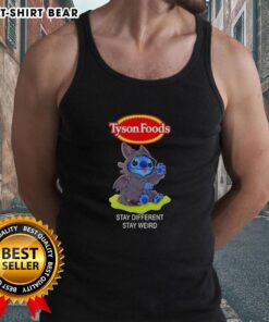 Happy Stitch cosplay wearing a Toothless tank top, promoting Tyson Foods' 'Stay Different, Stay Weird' message.