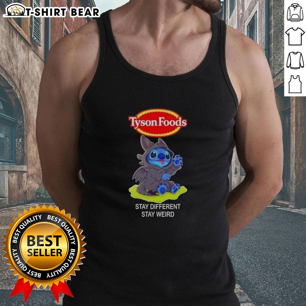 Happy Stitch Cosplay Toothless X Tyson Foods Stay Different Stay Weird Tank Top Happy Stitch cosplay wearing a Toothless tank top, promoting Tyson Foods' 'Stay Different, Stay Weird' message.