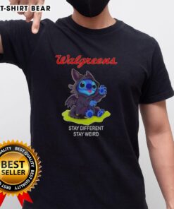 Happy Stitch Cosplay Toothless X Walgreens Stay Different Stay Weird T-Shirt featuring vibrant graphic design and playful colors.