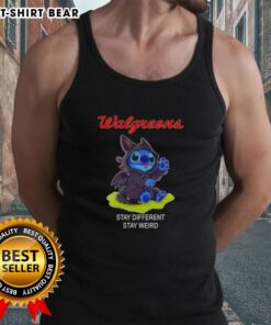 Happy Stitch cosplay wearing a Toothless X Walgreens tank top, showcasing the 'Stay Different, Stay Weird' design.