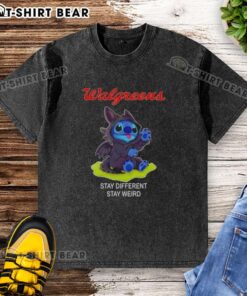 Happy Stitch Cosplay wearing Toothless t-shirt from Walgreens, featuring 'Stay Different, Stay Weird' slogan.