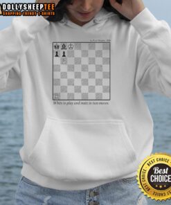 Happy white chess pieces on a board, showcasing a 'mate in two moves' strategy, featured on a stylish hoodie.