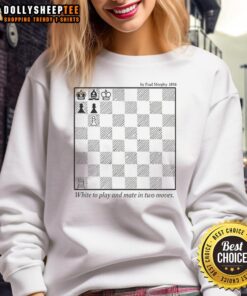Alt Text: Happy white chess pieces on a board, showcasing a 'Mate in Two Moves' puzzle, featured on a stylish sweatshirt.