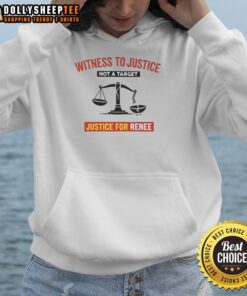 Happy witness wearing 'Justice for Renee' hoodie, promoting justice and support for victims, highlighting community activism.