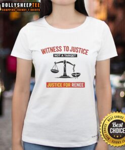 Happy witness to justice wearing 'Not a Target, Justice for Renee' ladies tee, promoting awareness and advocacy.