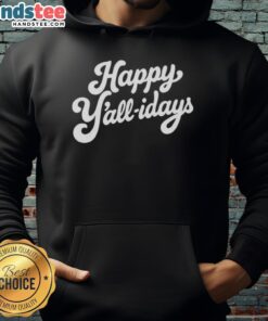 Cozy Happy Y'all Holidays hoodie displayed on a wooden backdrop, perfect for festive winter celebrations.