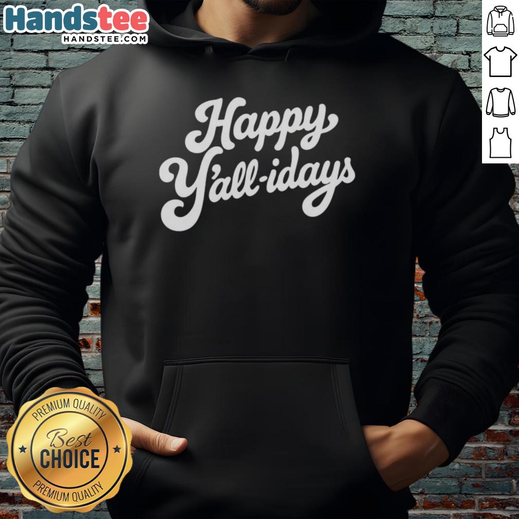 happy-yall-idays-hoodie Cozy Happy Y'all Holidays hoodie displayed on a wooden backdrop, perfect for festive winter celebrations.