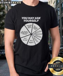 Alt Text: Happy You May Ask Yourself My God What Have I Done How Did I Get Here Am I Wrong T-Shirt design featuring bold text.