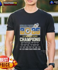 2025 Indiana Pacers Eastern Conference Champions T-shirt featuring T.J. McConnell and team players, perfect for fans.