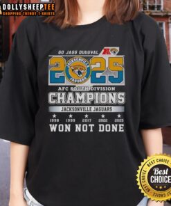 2025 Jacksonville Jaguars AFC South Division Champions ladies tee featuring 'Won Not Done' slogan in team colors.