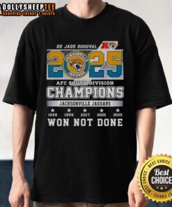 Alt Text: 2025 Jacksonville Jaguars AFC South Division Champions 'Won Not Done' T-Shirt showcasing team pride and victory.