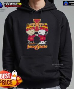 Hot Charlie Brown fist bumping Snoopy in Iowa State Cyclones football hoodie, perfect for fans and cozy game days.