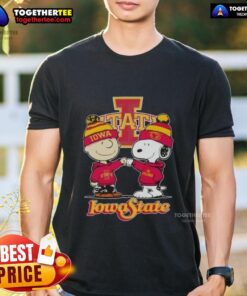 Hot Charlie Brown fist bump with Snoopy on Iowa State Cyclones football t-shirt, perfect for fans and game day attire.