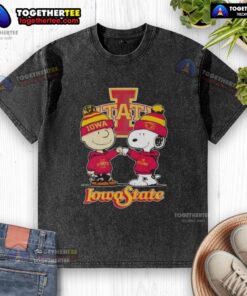 Hot Charlie Brown fist bump with Snoopy celebrating Iowa State Cyclones football on a washed t-shirt design.