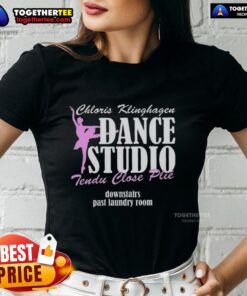 Chloris Klinghagen dance studio showcasing a tendu close plie near the laundry room, featuring Letter Ladies tee.