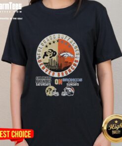 Hot Colorado Buffaloes and Denver Broncos helmet logo mashup on a ladies tee, perfect for game day style and spirit.