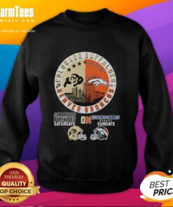 Hot Colorado buffaloes and Denver Broncos helmet logo mashup sweatshirt, perfect for game days and sports fans.