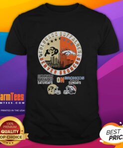 Alt Text: Hot Colorado Buffaloes and Denver Broncos helmet logo mashup t-shirt, perfect for game days and sports fans.