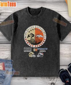 Alt Text: Hot Colorado Buffaloes and Denver Broncos helmet logo mashup on a washed t-shirt for game day style.
