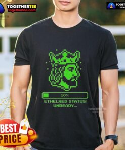 Alt Text: 8-bit graphic T-shirt featuring 'Hot Ethelred Status Unready King Of The English' design for fans of medieval history.