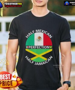 Alt Text: Hot Half Mexican Half Jamaican Flag Mashup T-Shirt design featuring vibrant colors and cultural symbols.