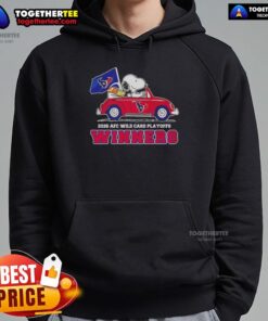 Alt Text: Houston Texans X Snoopy hoodie celebrating 2026 AFC Wild Card Playoffs win with Snoopy driving a car.