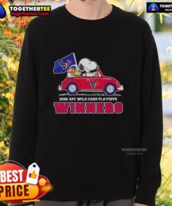 Alt Text: Hot Houston Texans X Snoopy driving a car on a sweatshirt celebrating the 2026 AFC Wild Card Playoffs winners.