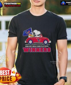 Hot Houston Texans X Snoopy Driving Car T-Shirt celebrating 2026 AFC Wild Card Playoffs winners, perfect for fans!