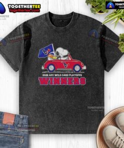 Hot Houston Texans X Snoopy driving car, celebrating 2026 AFC Wild Card Playoffs winners on a washed t-shirt.