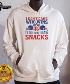 Alt Text: NFL hoodie featuring 'Hot I Don't Care Who Wins, I'm Just Here for the Snacks' with Two Helmet IDC logo design.