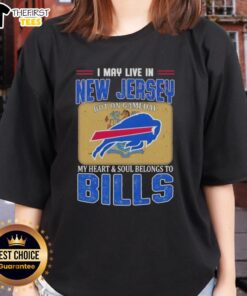 Alt Text: Ladies tee featuring a Buffalo Bills football flag with 'Hot I May Live In New Jersey' slogan for game day spirit.