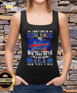 Buffalo Bills fan wearing a 'Hot I May Live in New York' tank top, showcasing die-hard team spirit and loyalty.
