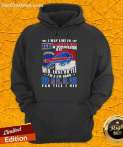 Die-hard Buffalo Bills fan wearing a hoodie with 'I may live in North Carolina, but I'm a Bills fan till I die.'