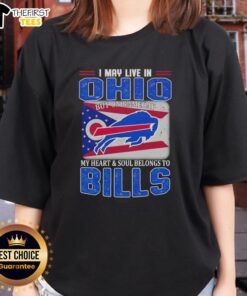 Buffalo Bills football flag graphic on a ladies tee, perfect for game day, showcasing pride for Ohio fans.