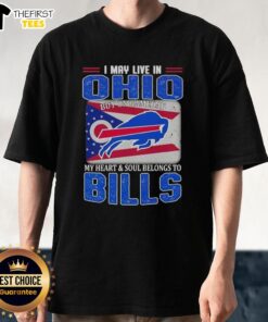 Ohio fan wearing a Buffalo Bills football flag t-shirt, showcasing team pride on gameday.