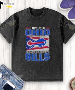 Ohio resident in a Buffalo Bills football flag washed t-shirt, showcasing team spirit on game day.