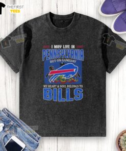 Alt Text: Buffalo Bills football flag washed t-shirt, perfect for game day, showcasing team spirit in Pennsylvania.