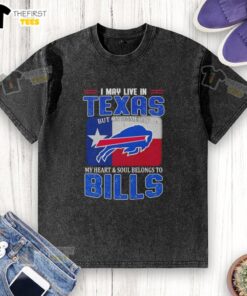 Buffalo Bills football flag washed t-shirt, perfect for game day, showcasing team spirit while living in Texas.