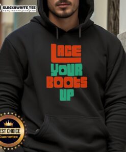 Miami Hurricanes hoodie with 'Hot Lace Your Boots Up' design, perfect for fans and warm weather sports apparel.
