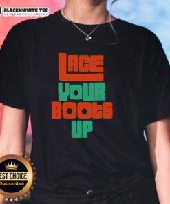 Hot Lace Your Boots Up Miami Hurricanes Ladies Tee featuring vibrant team colors and stylish design for fans.