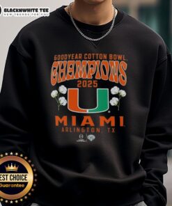 Hot Miami Hurricanes 2025 CFP Goodyear Cotton Bowl Champions sweatshirt showcasing hometown pride and team spirit.