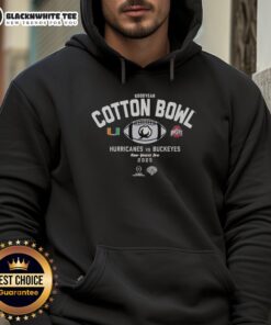 Hot Miami Hurricanes vs Ohio State Buckeyes hoodie for Goodyear Cotton Bowl on New Year's Eve, featuring team logos.