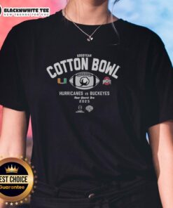 Hot Miami Hurricanes vs Ohio State Buckeyes Goodyear Cotton Bowl New Year's Eve ladies tee with vibrant team logos.