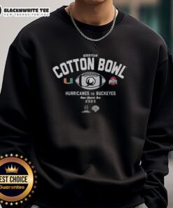Hot Miami Hurricanes vs Ohio State Buckeyes Cotton Bowl sweatshirt for New Year's Eve celebration, featuring team colors and logos.