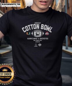 Hot Miami Hurricanes vs Ohio State Buckeyes Goodyear Cotton Bowl New Year's Eve T-shirt featuring vibrant team logos.