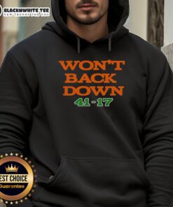 Hot Miami Hurricanes Won't Back Down 41-17 hoodie featuring bold team graphics and vibrant colors for fans.